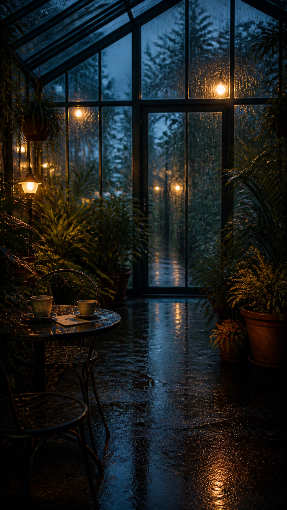 Production storyboard: the fictional singer in a rain-lit greenhouse